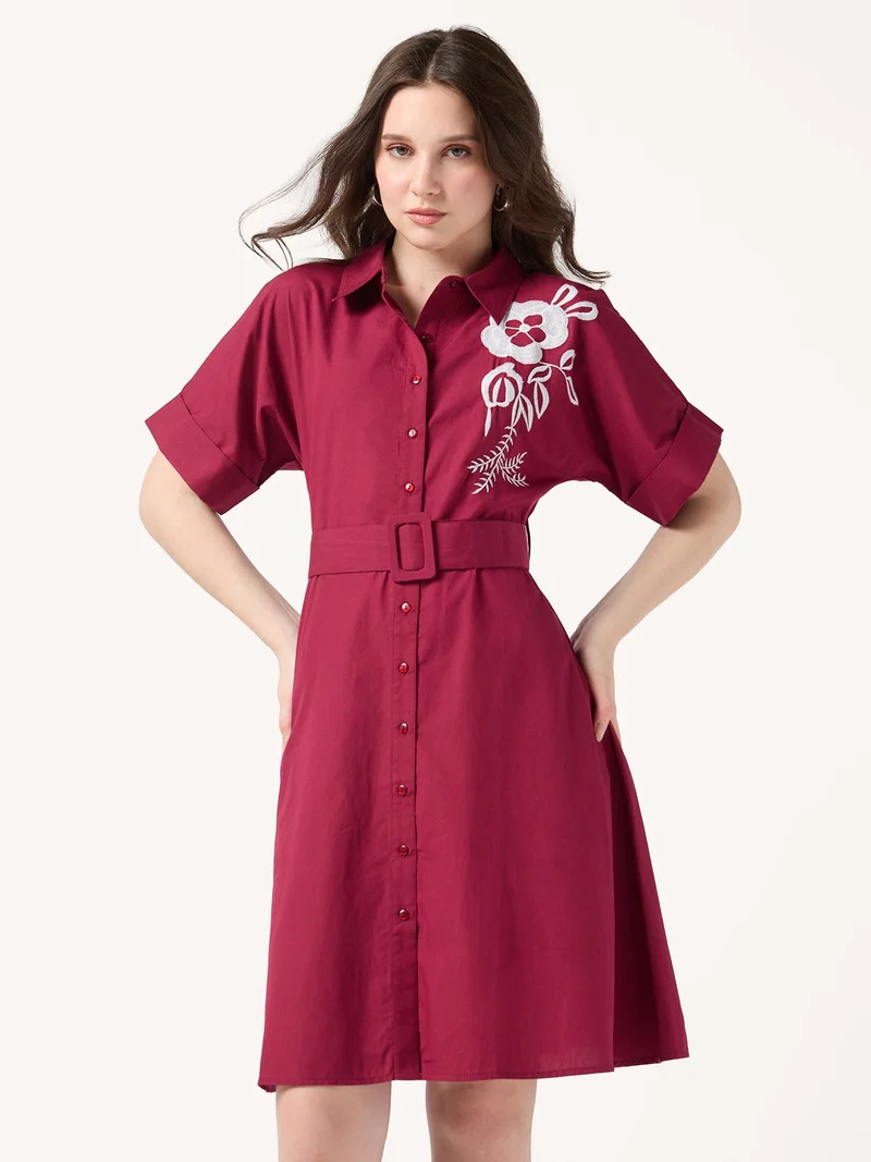 أوجيدر Wine Shirt Dress With Print And Belt Detail