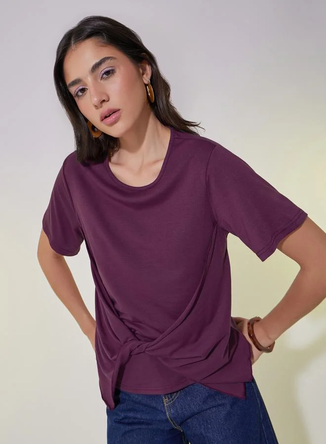 Take Two Solid Round Neck Front Twist Detail T-Shirt