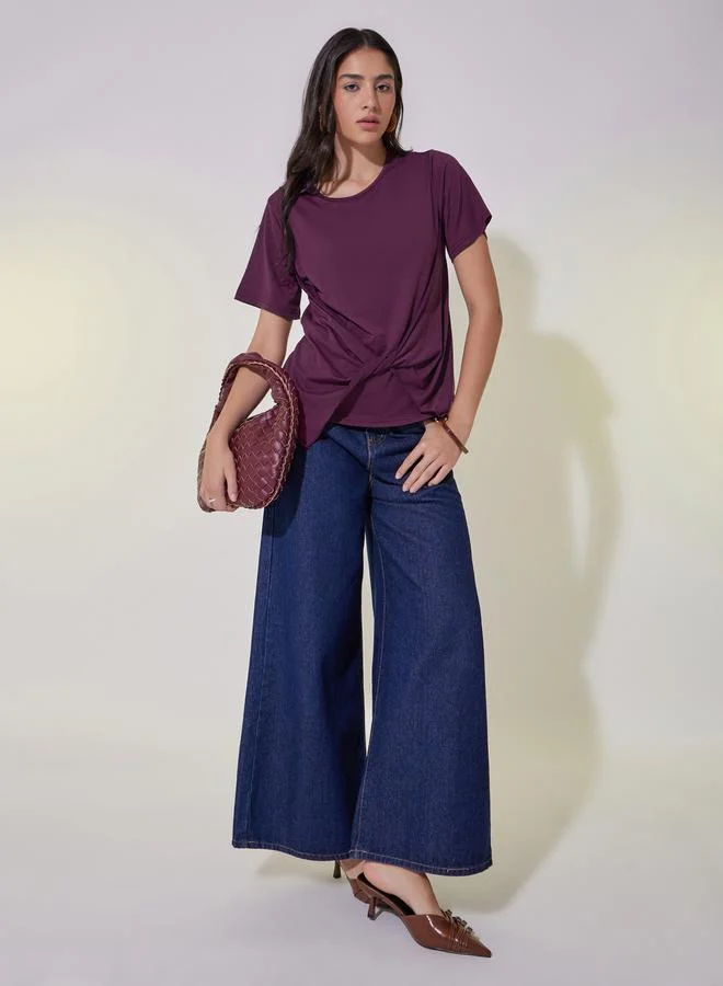 Take Two Solid Round Neck Front Twist Detail T-Shirt