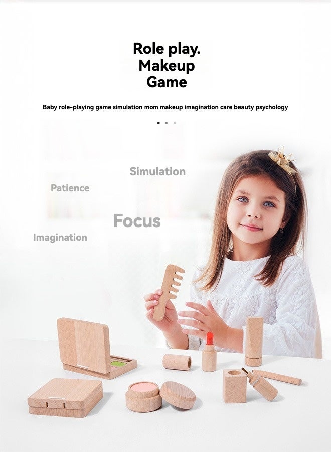شبيلي شنتة مكياج خشبية لعبة تجميل للبنات مجموعة هدية 8 قطع للأطفال فوق عمر 3 سنوات مع مرآة - Image 2
