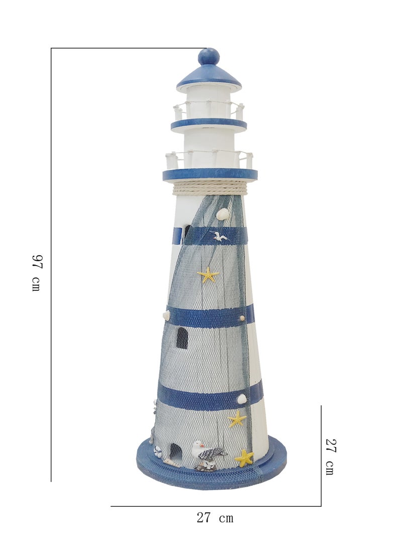 Mediterranean Sea Lighthouse Statue: Wooden Nautical Decor with Anchor and Starfish, Beach-Themed Tabletop Piece