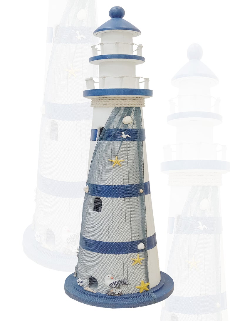 Mediterranean Sea Lighthouse Statue: Wooden Nautical Decor with Anchor and Starfish, Beach-Themed Tabletop Piece