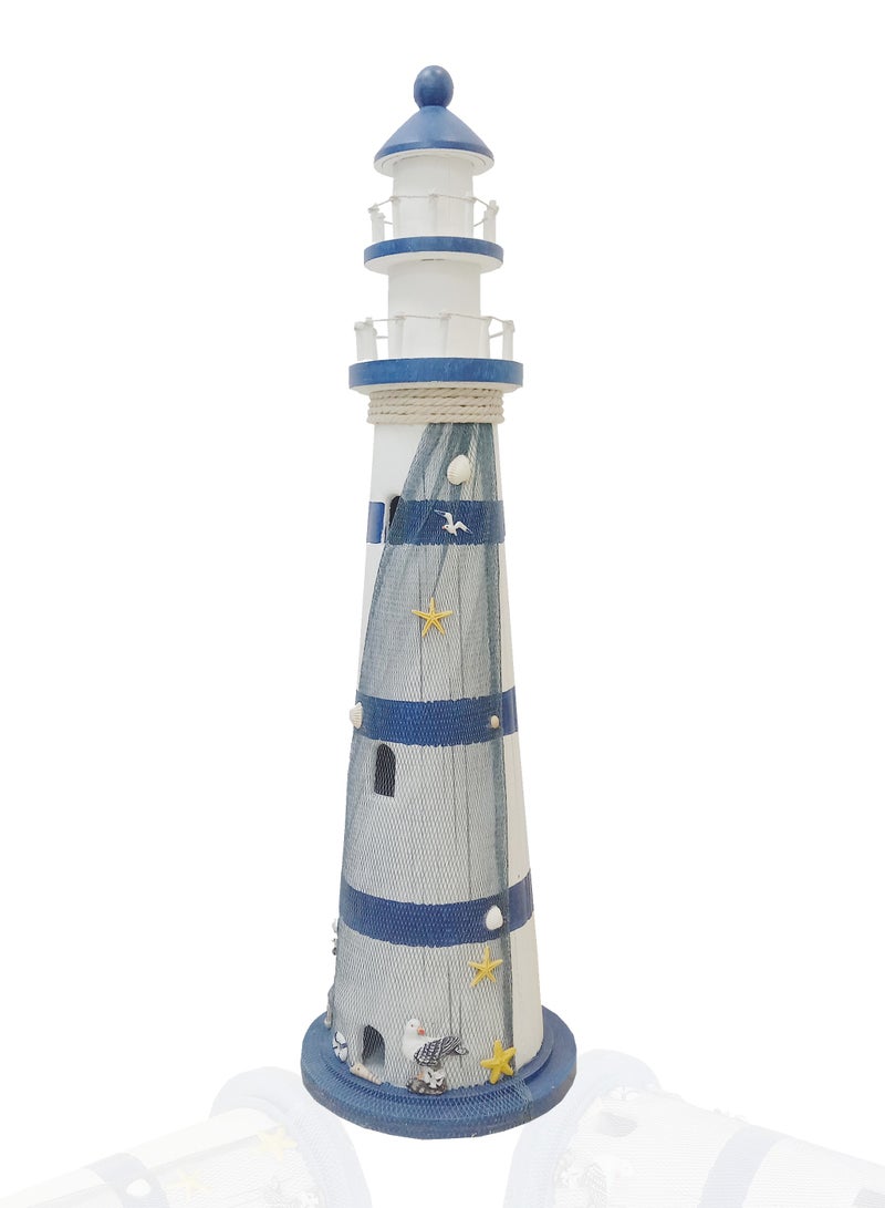 Mediterranean Sea Lighthouse Statue: Wooden Nautical Decor with Anchor and Starfish, Beach-Themed Tabletop Piece