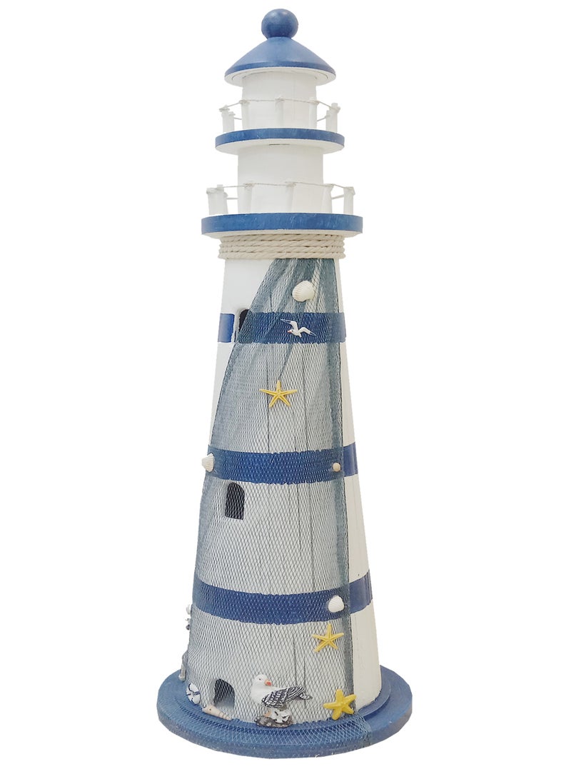 Mediterranean Sea Lighthouse Statue: Wooden Nautical Decor with Anchor and Starfish, Beach-Themed Tabletop Piece