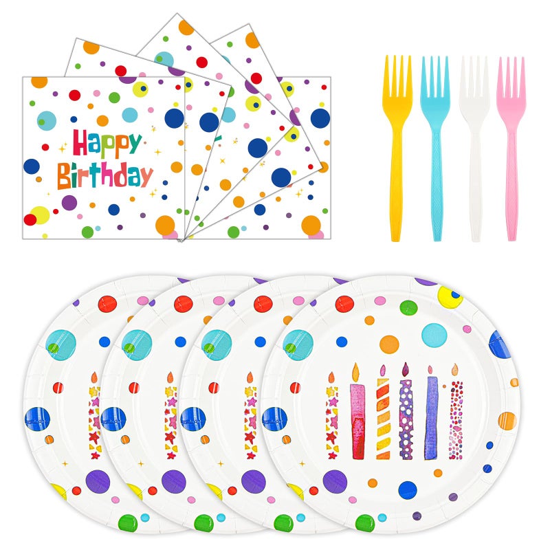 HFBOBP 72PCS Happy Birthday Paper Plates and Napkins Decorations, 7inch Colorful Dots Cake Dessert Plates with Forks Disposable Dinnerware Tableware Set for Birthday's Party Supplies (Birthday Candle) - Image 1