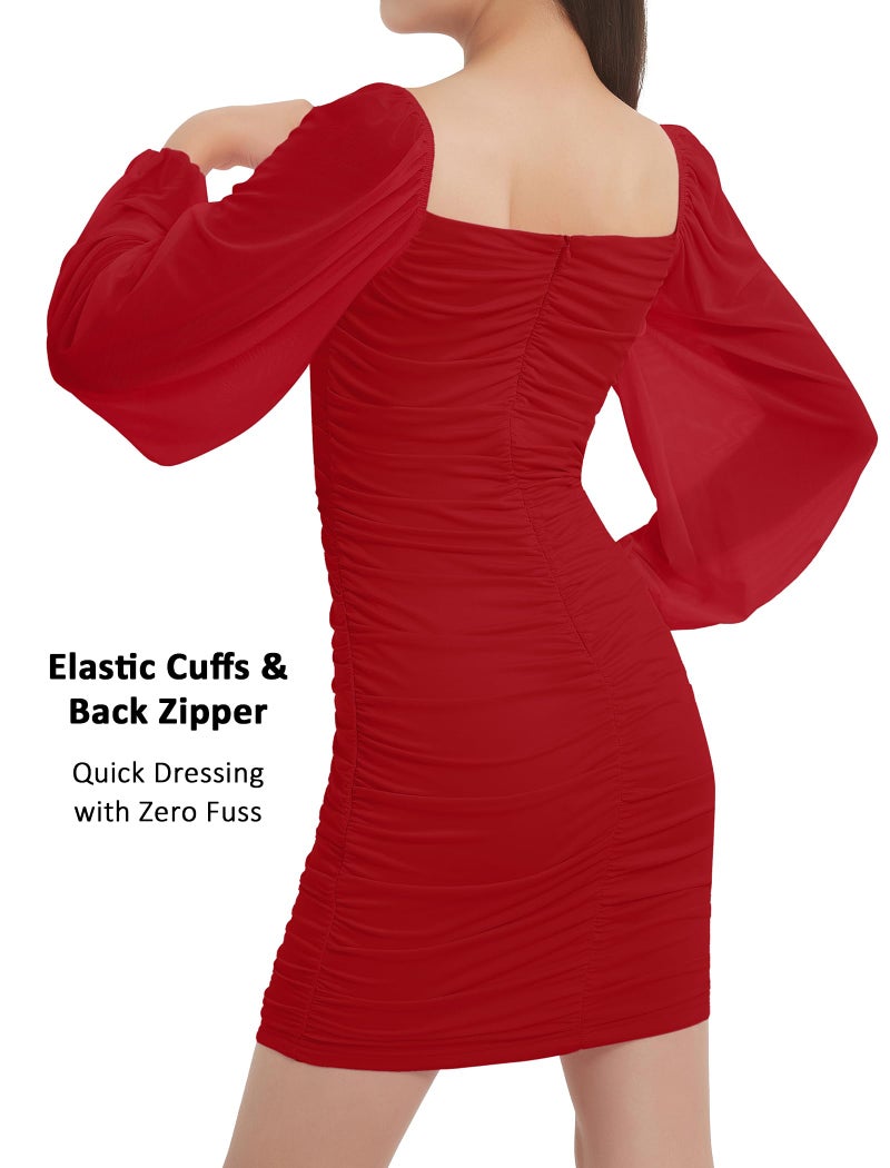 EXARUS Girls Dresses Bodycon Ruched Teens Mesh Lantern Long Sleeve Formal with Removable Pads Homecoming Dance Tight Mini Dress Short Tween Easter Red 14Y - Image 5
