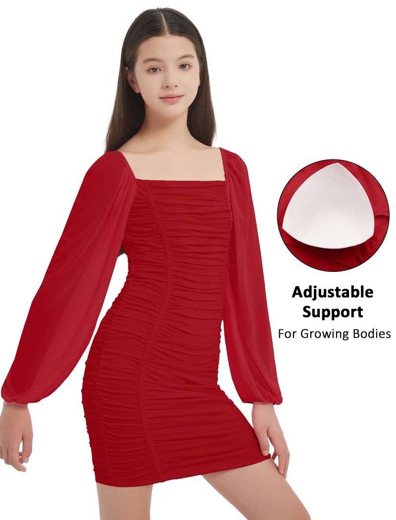 EXARUS Girls Dresses Bodycon Ruched Teens Mesh Lantern Long Sleeve Formal with Removable Pads Homecoming Dance Tight Mini Dress Short Tween Easter Red 14Y - Image 3