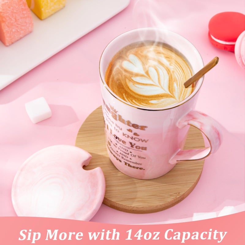 ALBISS Daughter Birthday Gifts from Mom Dad - Unique 14oz Pink Marble Gold Print Coffee Mug, Lid, Spoon, Greeting Card, Presents for Wedding Blessing, Thanksgiving, Valentines, Graduation, Nice Gift Boxed - Image 4