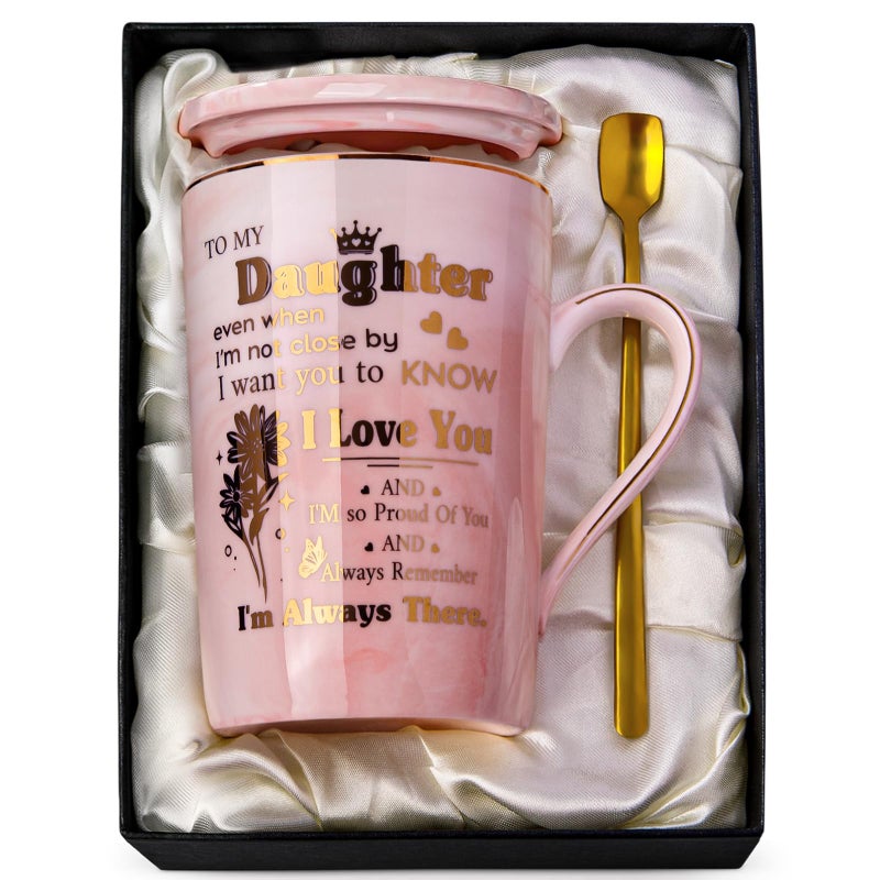 ALBISS Daughter Birthday Gifts from Mom Dad - Unique 14oz Pink Marble Gold Print Coffee Mug, Lid, Spoon, Greeting Card, Presents for Wedding Blessing, Thanksgiving, Valentines, Graduation, Nice Gift Boxed - Image 1