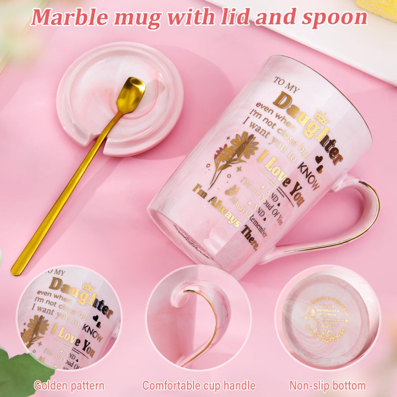 ALBISS Daughter Birthday Gifts from Mom Dad - Unique 14oz Pink Marble Gold Print Coffee Mug, Lid, Spoon, Greeting Card, Presents for Wedding Blessing, Thanksgiving, Valentines, Graduation, Nice Gift Boxed - Image 3