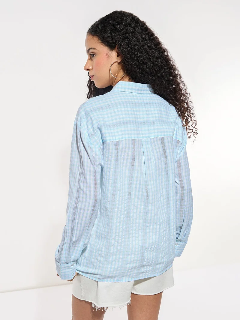 Outzidr Blue Blue Oversized Checkered Shirt for Women | Best Price UAE