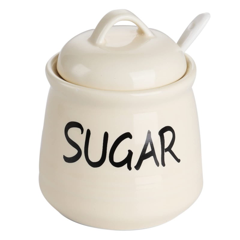 HAOTOP Porcelain Sugar Bowl with Lid and Spoon 12oz Beige