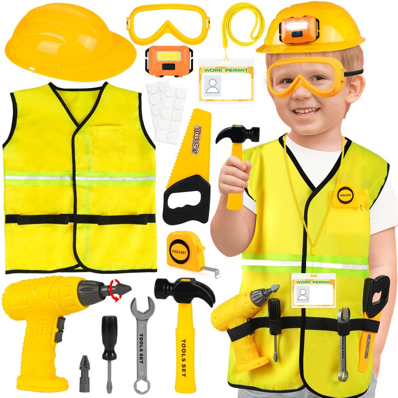 HUUIDY Construction Worker Costume for Kids Toddler Dress Up Clothes with Kids Tool Set Construction Vest Hat Helmet Light Electric Drill Toddler Costumes Pretend Play Toys for Boys Gift Age 4 - Image 2