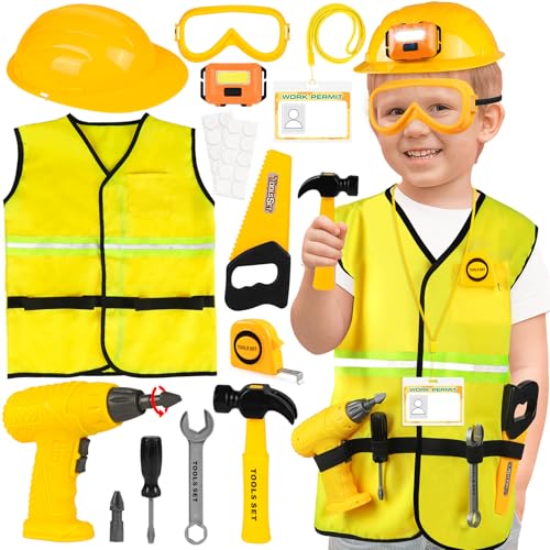 HUUIDY Construction Worker Costume for Kids Toddler Dress Up Clothes with Kids Tool Set Construction Vest Hat Helmet Light Electric Drill Toddler Costumes Pretend Play Toys for Boys Gift Age 4 - Image 1