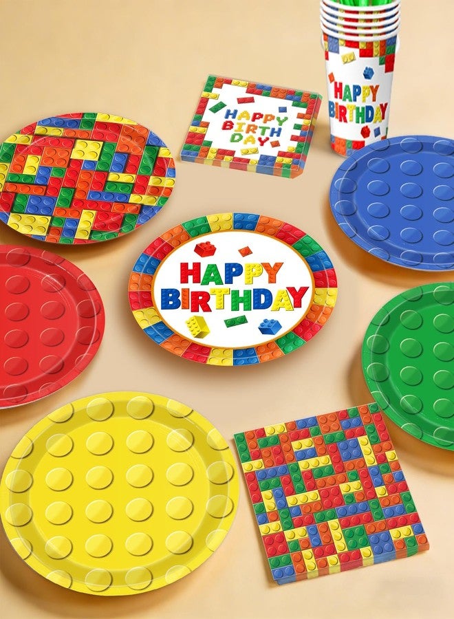 LINHAXM Building Block Birthday Party Supplies, Colorful Building Block Plates, Napkins, Cups, Tablecloth, Banner, Hanging Swirls, Balloons, Honeycomb Centerpieces for Kids’ Birthday Party, Serves 24 - Image 4