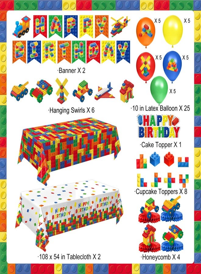 LINHAXM Building Block Birthday Party Supplies, Colorful Building Block Plates, Napkins, Cups, Tablecloth, Banner, Hanging Swirls, Balloons, Honeycomb Centerpieces for Kids’ Birthday Party, Serves 24 - Image 2