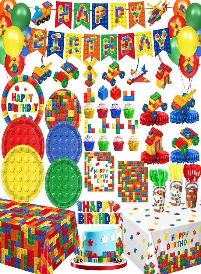 LINHAXM Building Block Birthday Party Supplies, Colorful Building Block Plates, Napkins, Cups, Tablecloth, Banner, Hanging Swirls, Balloons, Honeycomb Centerpieces for Kids’ Birthday Party, Serves 24 - Image 1