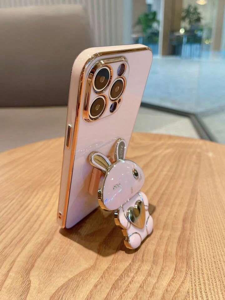 KC Back Cover for Oppo F31 Pro 5G - Hidden Love Rabbit Folding Bracket Kickstand Electroplated Soft Silicone Camera Protection Case - Pink - Image 5