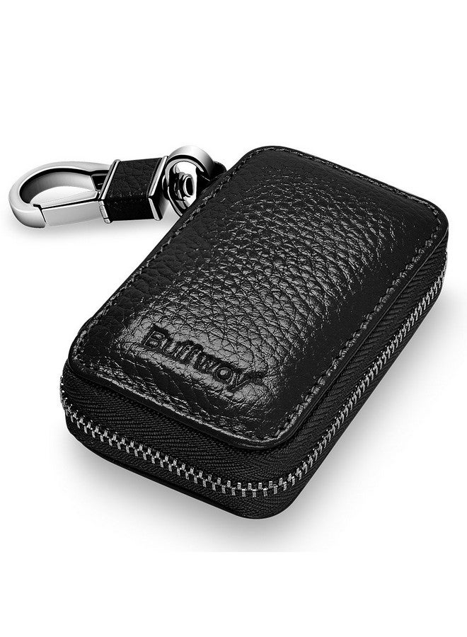 Buffway Car Key Case Genuine Leather Car Key Chain Keychain Holder Metal Hook And Keyring Zipper Bag For Remote Key Fob Black - Image 1