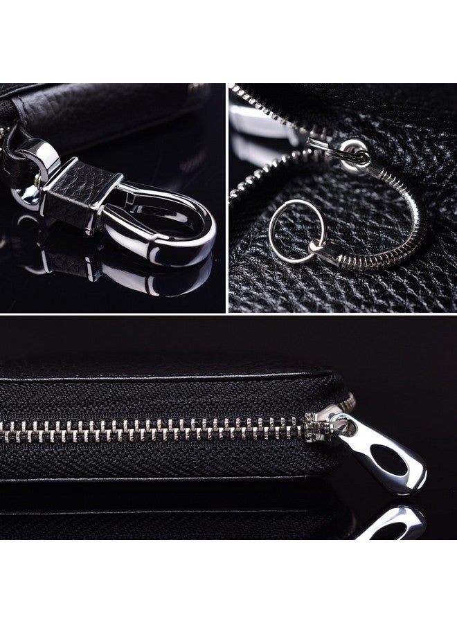 Buffway Car Key Case Genuine Leather Car Key Chain Keychain Holder Metal Hook And Keyring Zipper Bag For Remote Key Fob Black - Image 5
