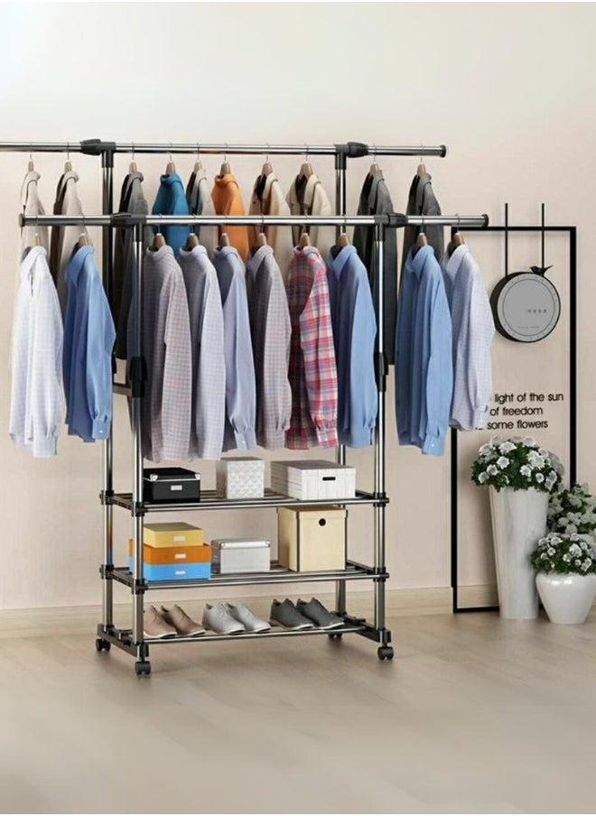 Portable and adjustable clothes rack with multiple storage shelves - the perfect solution for organizing clothes at home