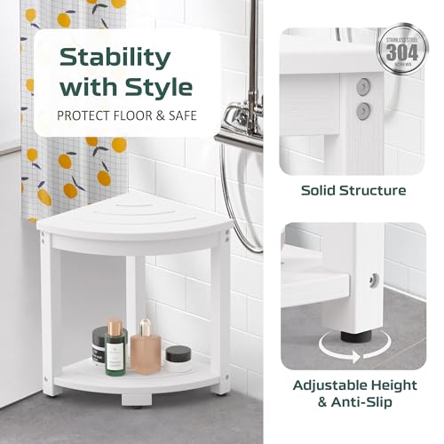 BEKVEM Waterproof Corner Shower Stool for Inside Shower, Poly Lumber Shower Bench Seat Chair, Bath Shower Stool for Shaving Legs Foot Rest with Storage Shelf, Adjustable & Non-Slip Feet, White - Image 4