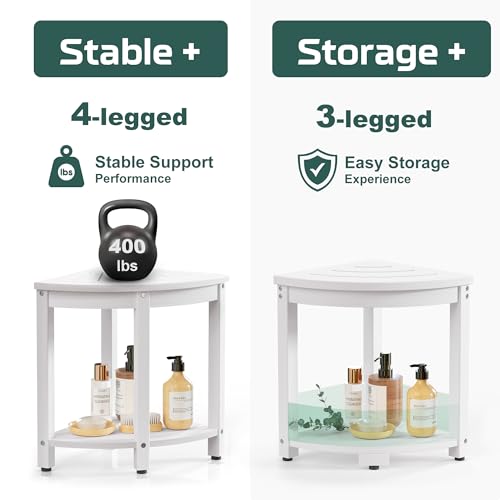 BEKVEM Waterproof Corner Shower Stool for Inside Shower, Poly Lumber Shower Bench Seat Chair, Bath Shower Stool for Shaving Legs Foot Rest with Storage Shelf, Adjustable & Non-Slip Feet, White - Image 5