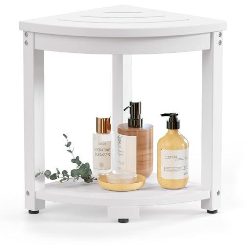 BEKVEM Waterproof Corner Shower Stool for Inside Shower, Poly Lumber Shower Bench Seat Chair, Bath Shower Stool for Shaving Legs Foot Rest with Storage Shelf, Adjustable & Non-Slip Feet, White - Image 1