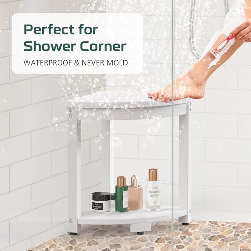BEKVEM Waterproof Corner Shower Stool for Inside Shower, Poly Lumber Shower Bench Seat Chair, Bath Shower Stool for Shaving Legs Foot Rest with Storage Shelf, Adjustable & Non-Slip Feet, White - Image 2
