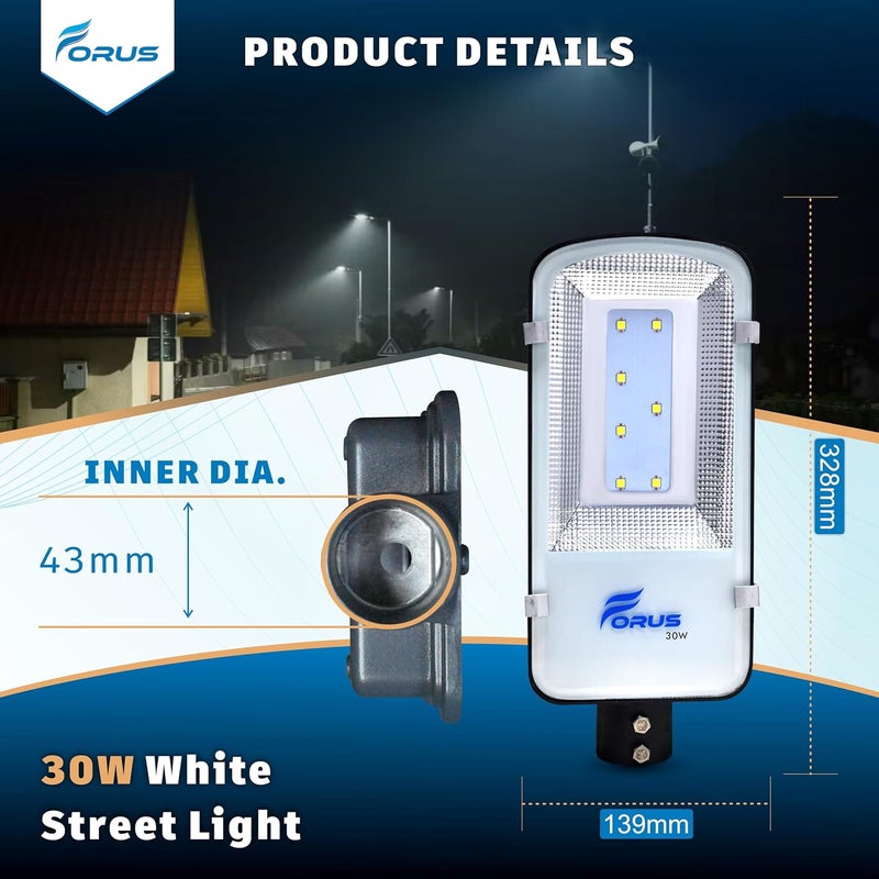 Forus LED Street Light 30W Waterproof IP66 Outdoor White Lamp for Home Garden Parking Lot Road Pathway Highway Warehouse Factory Yard Driveway Pole Mounted LED Streetlight 5 Years Warranty 1Pc - Image 5