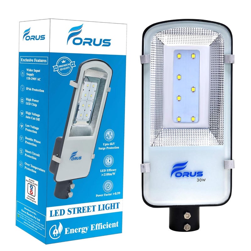 Forus LED Street Light 30W Waterproof IP66 Outdoor White Lamp for Home Garden Parking Lot Road Pathway Highway Warehouse Factory Yard Driveway Pole Mounted LED Streetlight 5 Years Warranty 1Pc - Image 1