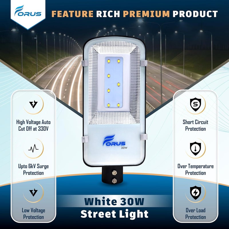 Forus LED Street Light 30W Waterproof IP66 Outdoor White Lamp for Home Garden Parking Lot Road Pathway Highway Warehouse Factory Yard Driveway Pole Mounted LED Streetlight 5 Years Warranty 1Pc - Image 2