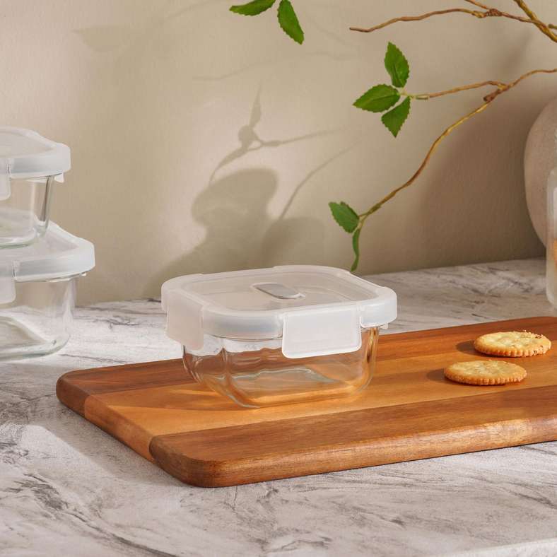 Pan Home Superior Leakproof Glass Square Food Container 320ml -Clear & Grey
