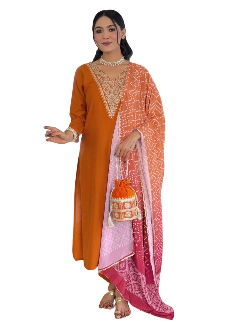 Naixa Women's Rayon Embroidered Straight Kurta with Pant and Dupatta Sets (NX-715-Rust-4XL) - Image 1