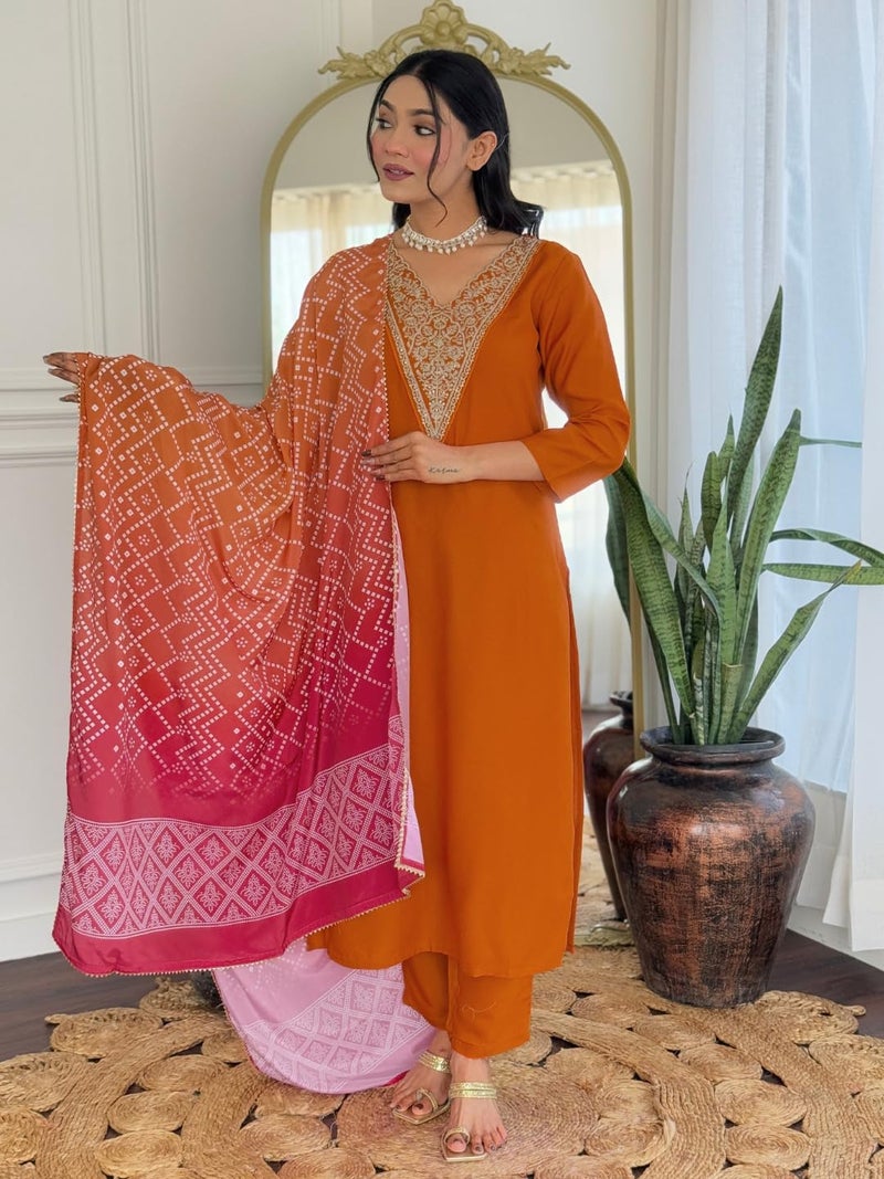 Naixa Women's Rayon Embroidered Straight Kurta with Pant and Dupatta Sets (NX-715-Rust-4XL) - Image 2