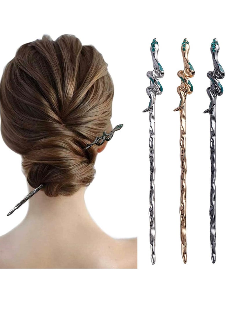 Y&D Snake Hair Sticks, Sticks for Women, Retro Chopsticks Pin, Metal Vintage Stick, Chinese Styling Pin Wedding Jewelry 6.9Inch 3PCS