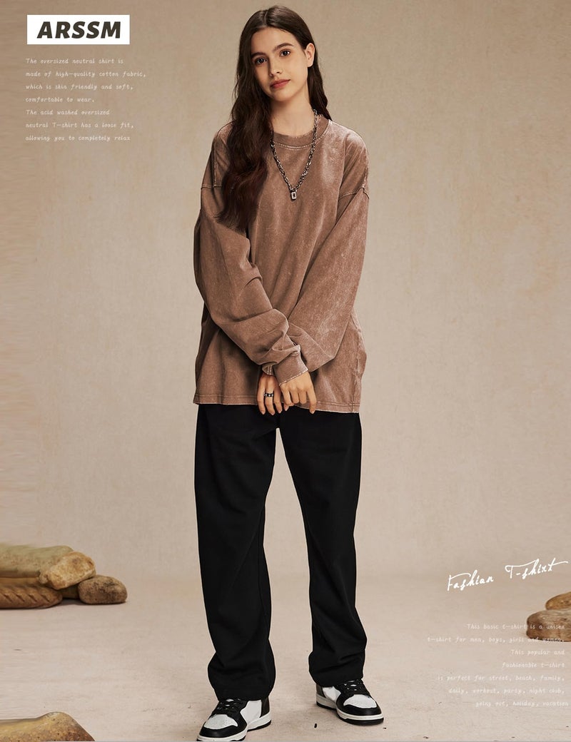 Arssm Oversized T-Shirts for Women Cotton Long Sleeve Vintage Acid Wash Baggy T Shirts(BlackGreyKhaki-M) - Image 2