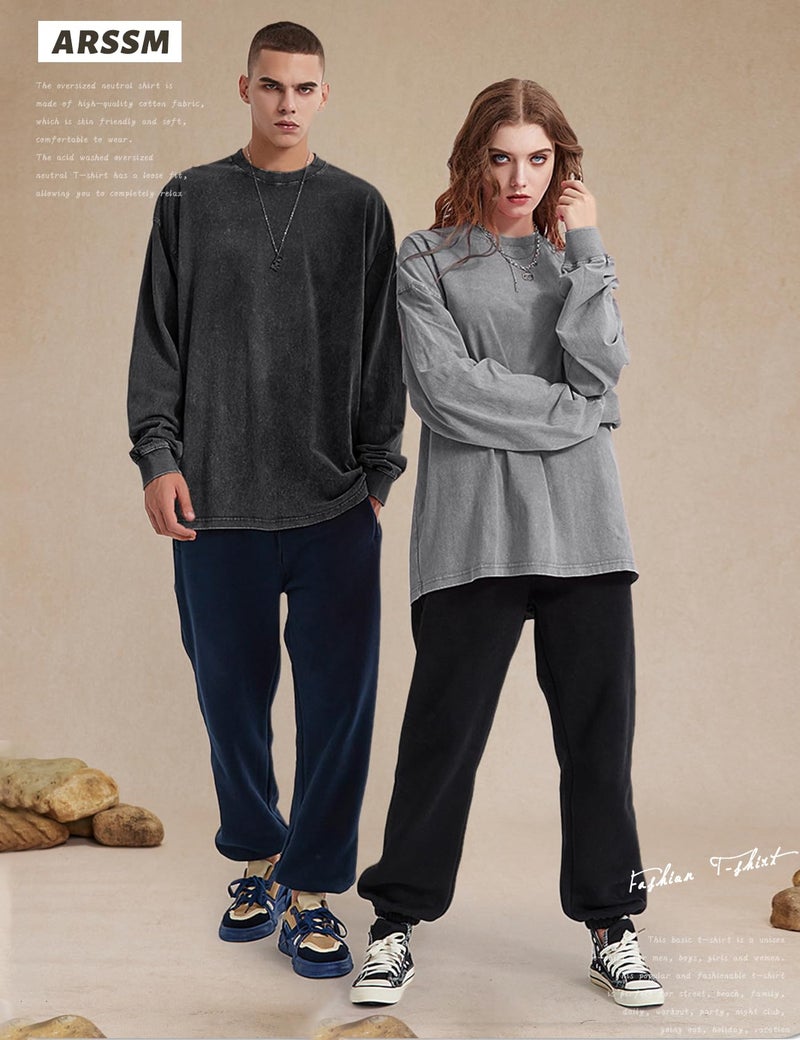 Arssm Oversized T-Shirts for Women Cotton Long Sleeve Vintage Acid Wash Baggy T Shirts(BlackGreyKhaki-M) - Image 3