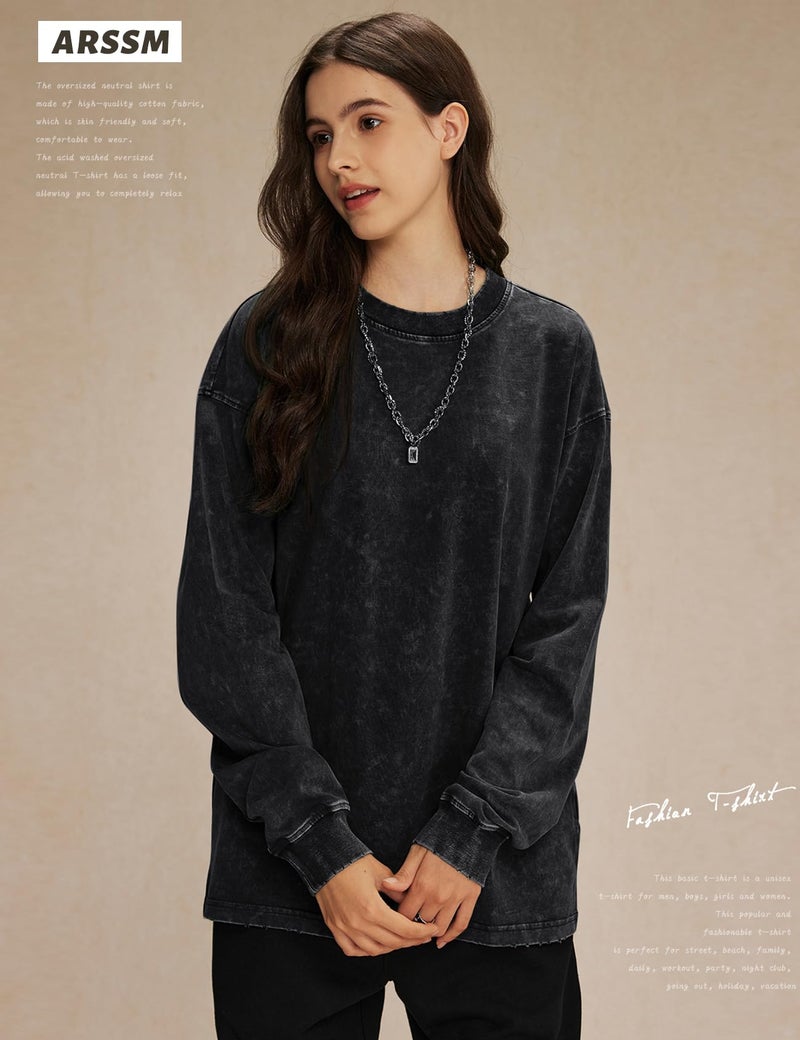 Arssm Oversized T-Shirts for Women Cotton Long Sleeve Vintage Acid Wash Baggy T Shirts(BlackGreyKhaki-M) - Image 4