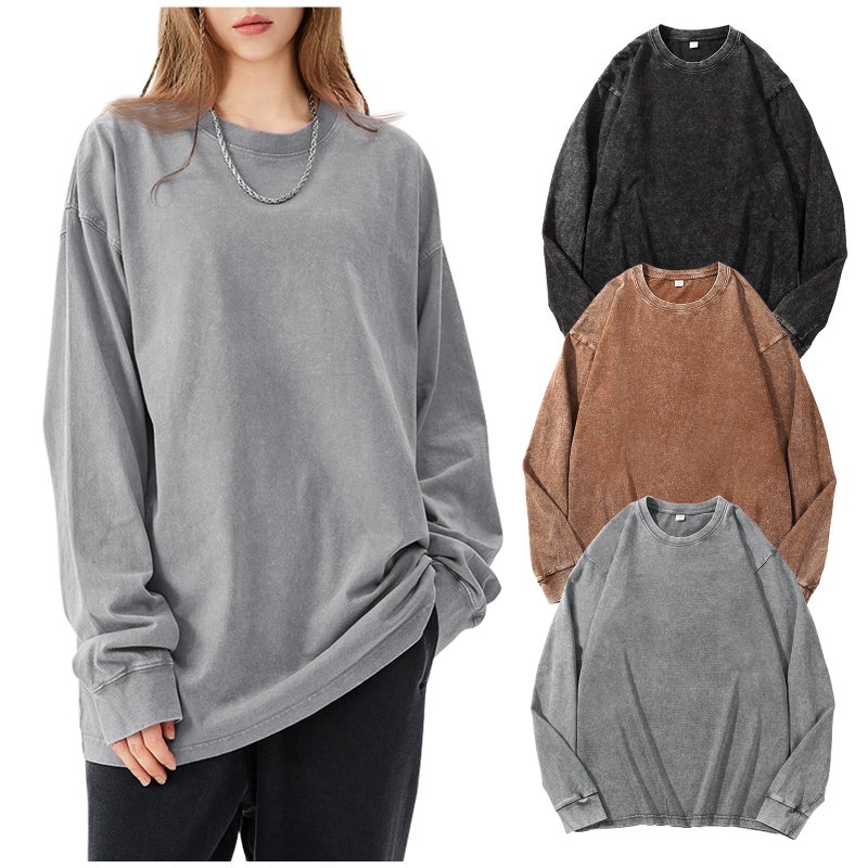 Arssm Oversized T-Shirts for Women Cotton Long Sleeve Vintage Acid Wash Baggy T Shirts(BlackGreyKhaki-M) - Image 1