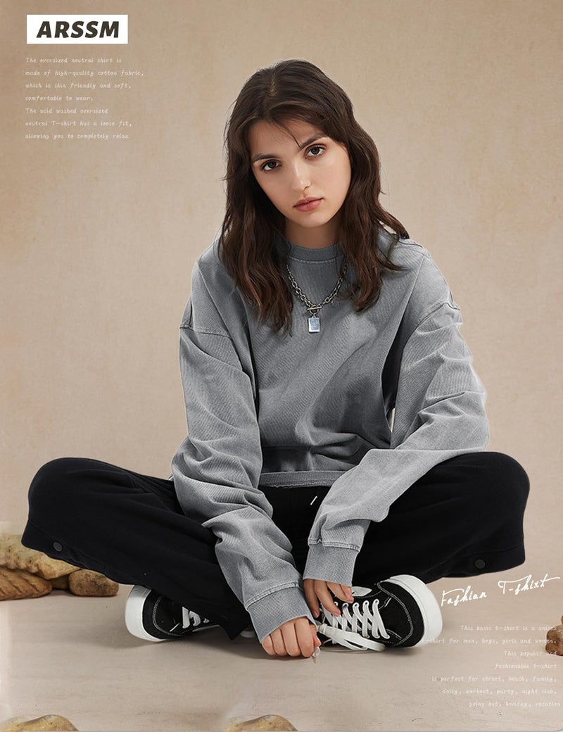 Arssm Oversized T-Shirts for Women Cotton Long Sleeve Vintage Acid Wash Baggy T Shirts(BlackGreyKhaki-M) - Image 5