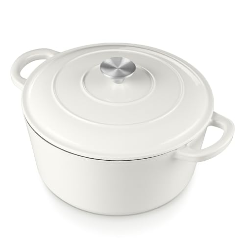 E-far 6 Quart Dutch Oven, Enameled Cast Iron Dutch Oven Pot with Lid, Nonstick Round Cookware for Braising/Stews/Roasting/Bread Baking/Cooking, Heavy Duty, Induction & Oven Safe - White - Image 1