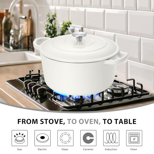 E-far 6 Quart Dutch Oven, Enameled Cast Iron Dutch Oven Pot with Lid, Nonstick Round Cookware for Braising/Stews/Roasting/Bread Baking/Cooking, Heavy Duty, Induction & Oven Safe - White - Image 5