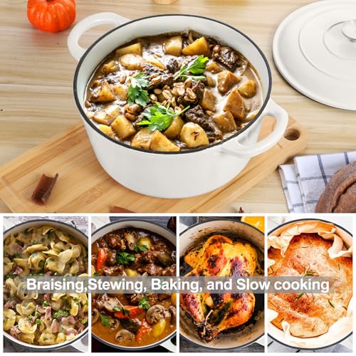 E-far 6 Quart Dutch Oven, Enameled Cast Iron Dutch Oven Pot with Lid, Nonstick Round Cookware for Braising/Stews/Roasting/Bread Baking/Cooking, Heavy Duty, Induction & Oven Safe - White - Image 4