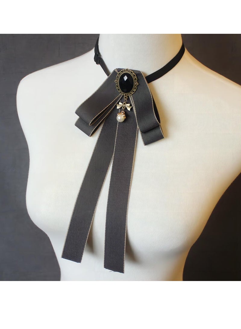 Bow Tie For Women, Pre-Tied Ribbon Tie Adjustable Neck Tie with Rhinestone for Collared Blouse Shirt Dress（gray） - Image 2