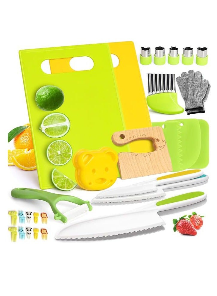 MIXDE 28 Piece Set Of Children's Wooden Safety Knives, Gloves, Cutting Boards, Fruits, Vegetables, Potatoes, And Plastic For Children  - Image 1