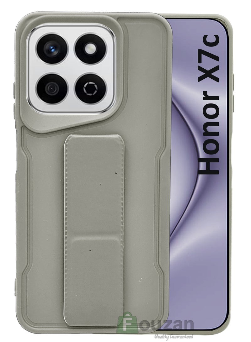 For Honor X7c - Hard Silicone Magnetic Back Stand Case  With Foldable Kickstand & Finger Strap  - Grey - Image 1