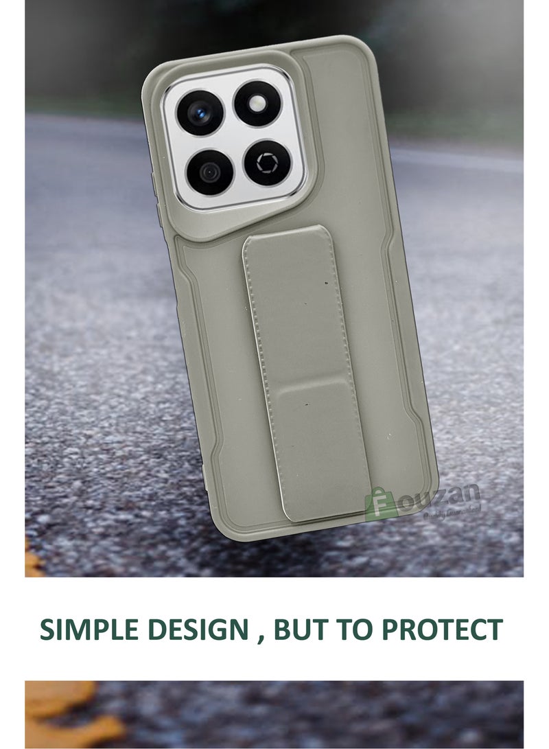 For Honor X7c - Hard Silicone Magnetic Back Stand Case  With Foldable Kickstand & Finger Strap  - Grey - Image 3