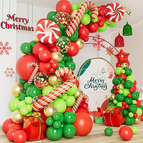 DBKL 138 Pcs Christmas Balloons Garland Arch Kit with Xmas Red Gold Green Balloons Candy Cane Gift Box Foil Balloons for Christmas Party Decorations Birthday Xmas Party Supplies - Image 1