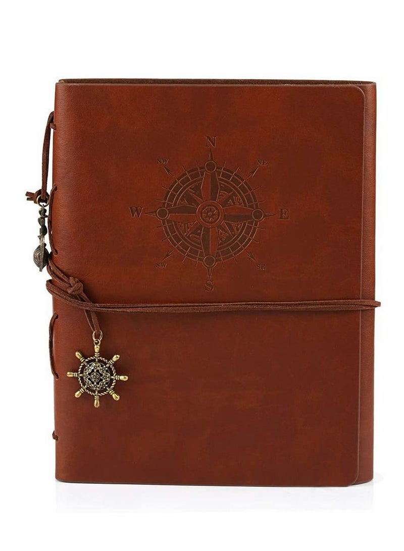 XiuWoo Leather Writing Journal Notebook, DIY Scrapbook Photo Album "Compass Adventure" Memories Unlined Paper, Retro Pendants, Classic Embossed Brown for Birthday Anniversary Wedding 60 Pages, - Image 1